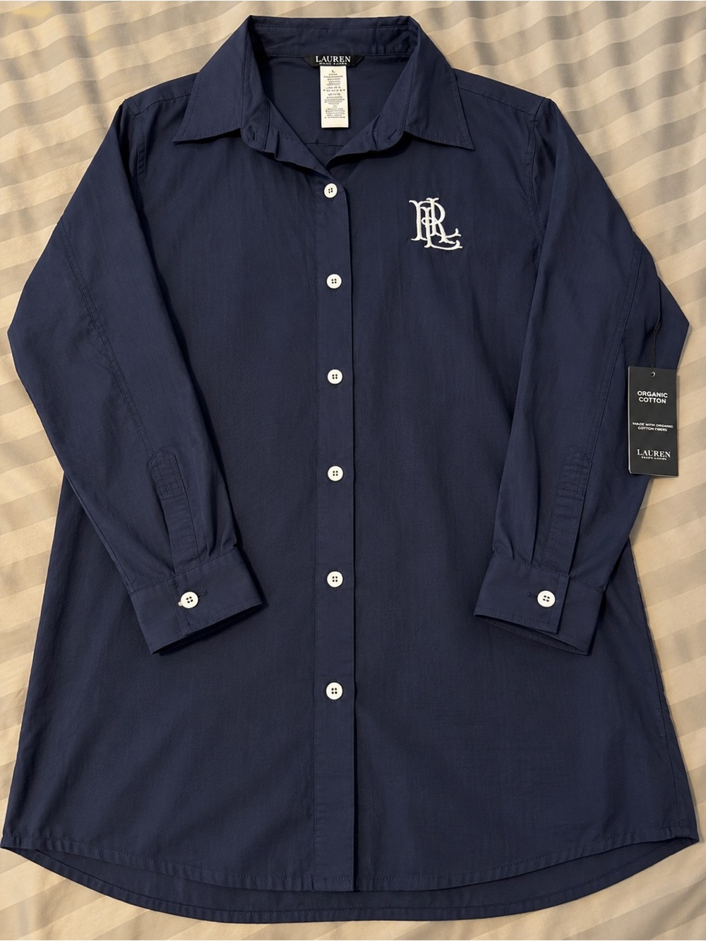 NWT Lauren Ralph Lauren Organic Cotton Logo Button Down Shirt Navy L $130
